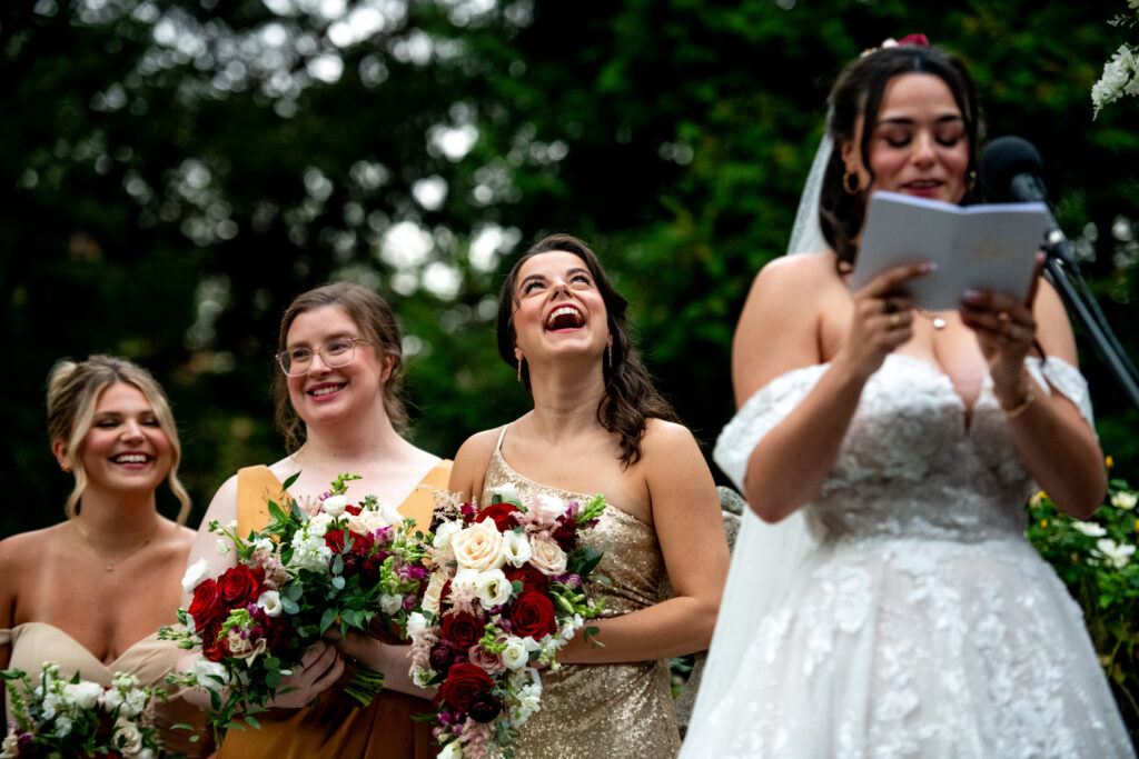 bridesmaid looking up at sky smiling