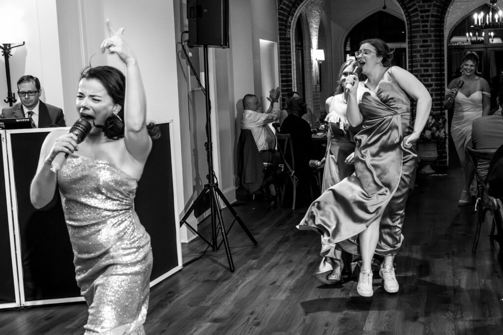 bridemaids dancing into the reception