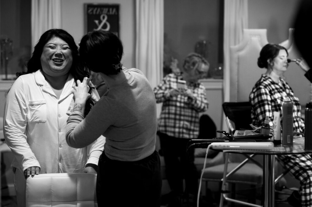 bride getting hair done