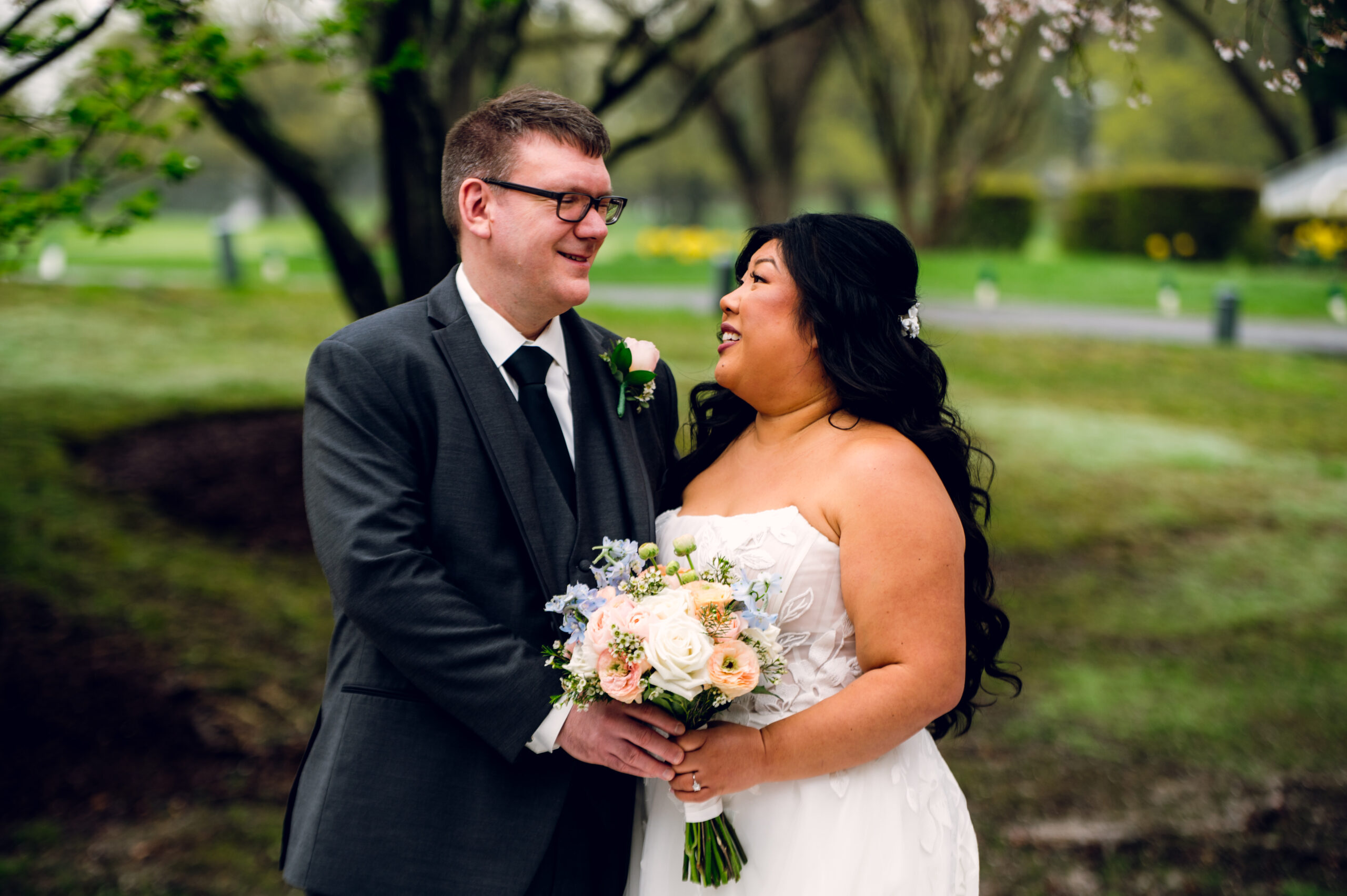 bride and groom looking at each other